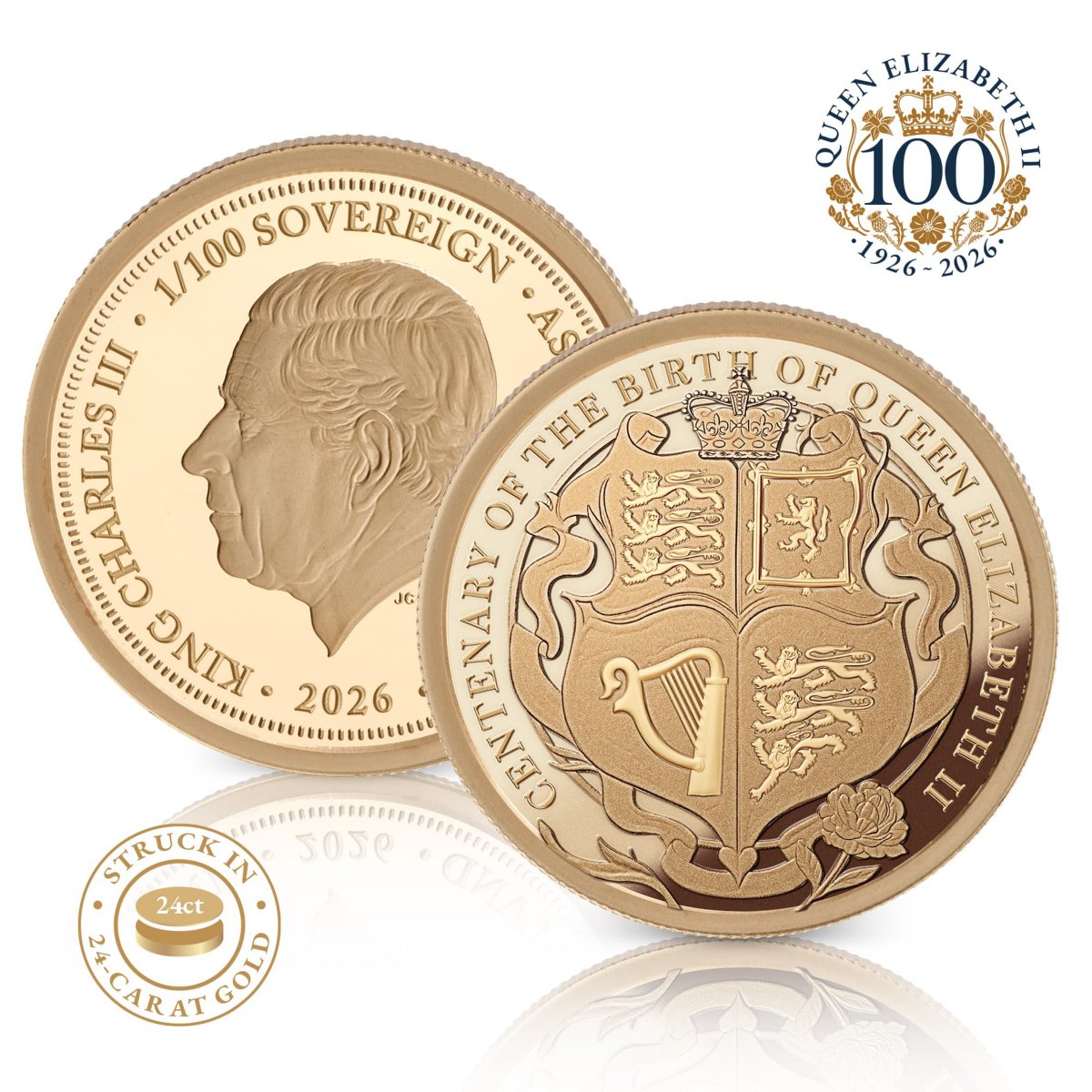 Queen Elizabeth II Birth Centenary Gold 100th Sovereign — obverse and reverse