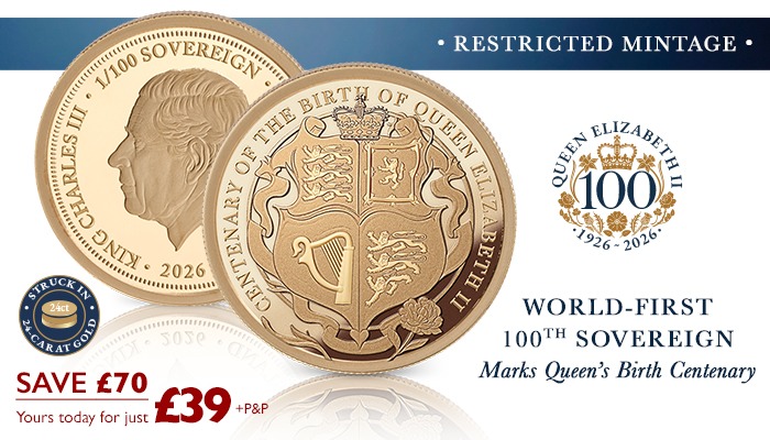 World-First Gold 100th Sovereign — Save £70 — Yours for just £39 + P&P